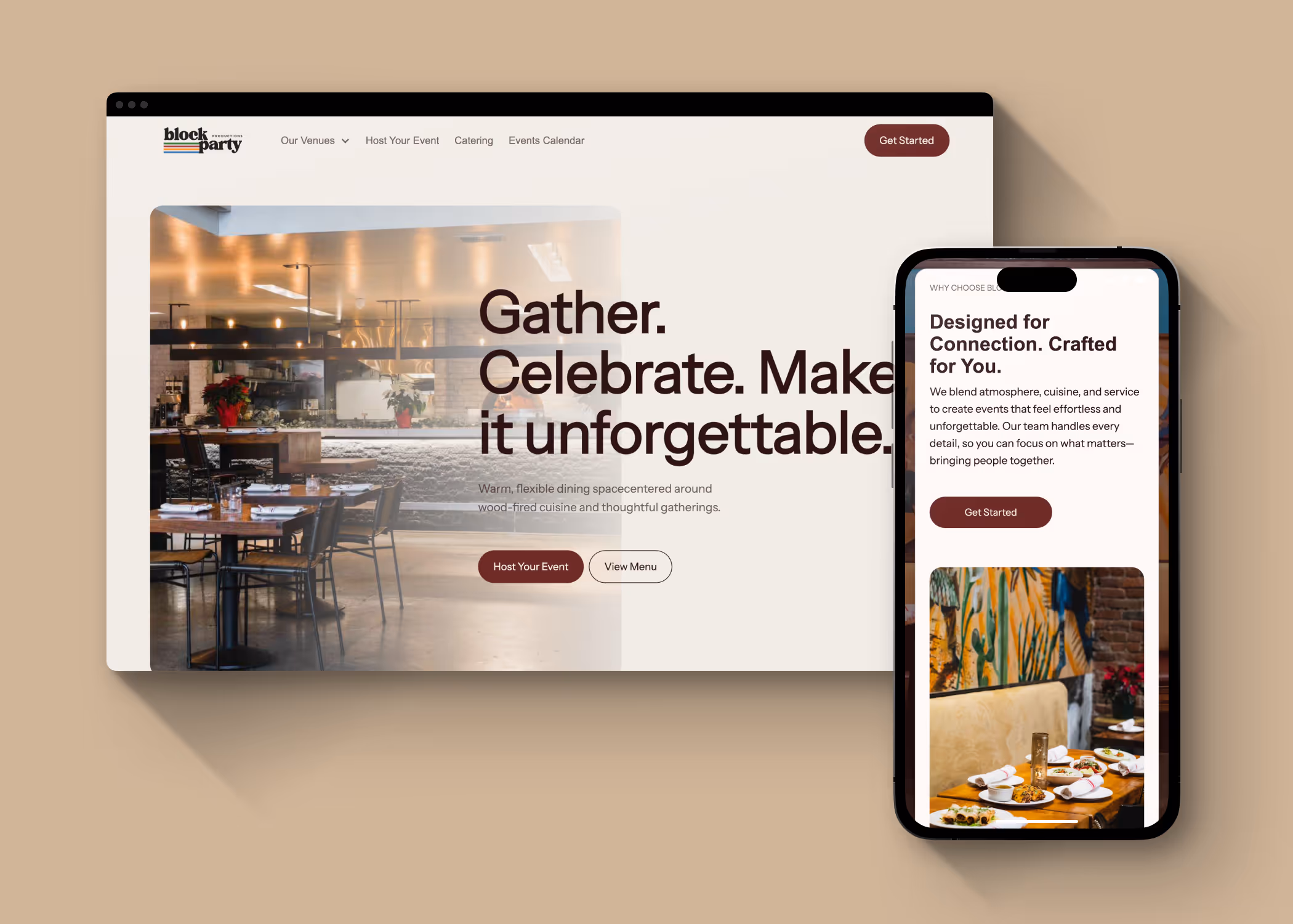 Block Party Productions website homepage showing dining space with tables and chairs and text about celebrating and hosting events, displayed on desktop and mobile devices.